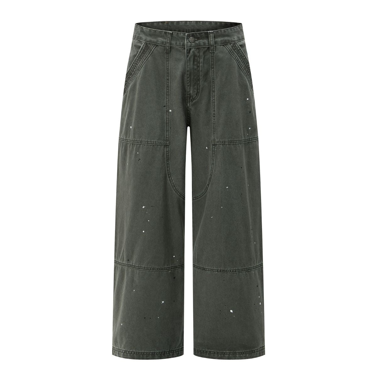 Paint‑Splatter Spliced Dark‑Green Loose Casual Pants
