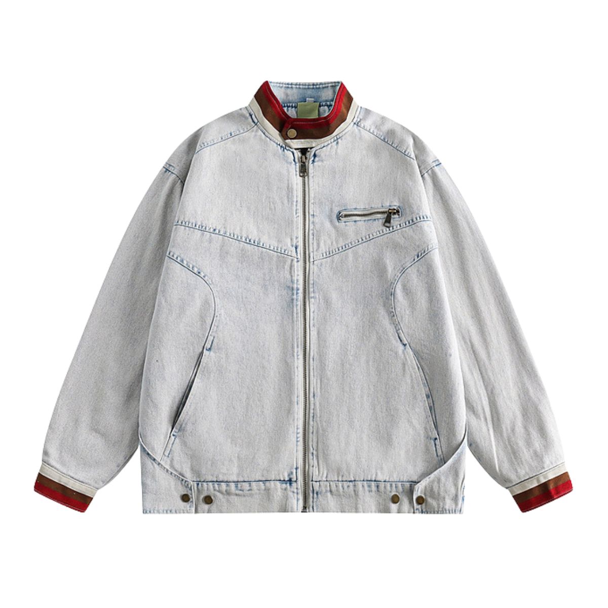 American Trendy Washed Color-blocking Stand-up Collar Denim Jacket