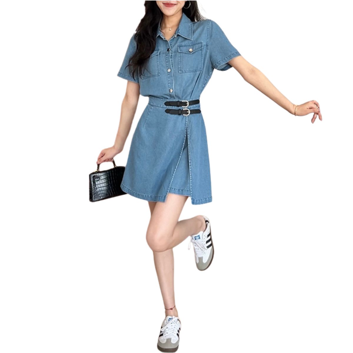 Short-Sleeve Denim Mini Shirtdress