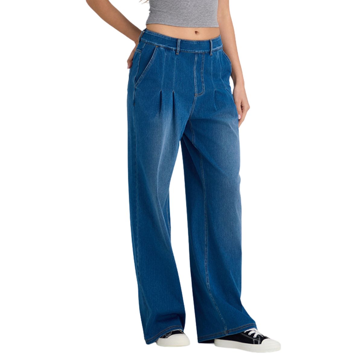 High Waist Vintage Knit Denim Wide Leg Casual Jeans with Pockets