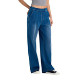 High Waist Vintage Knit Denim Wide Leg Casual Jeans with Pockets