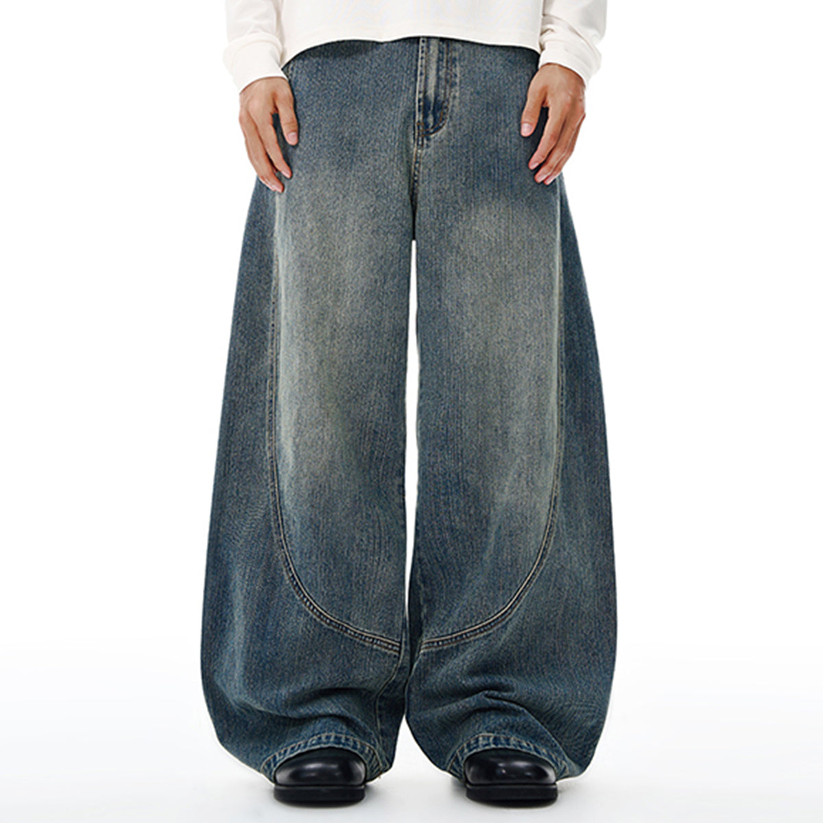 Vintage Contrast Fade Dark Wash Curved Wide Leg Jeans