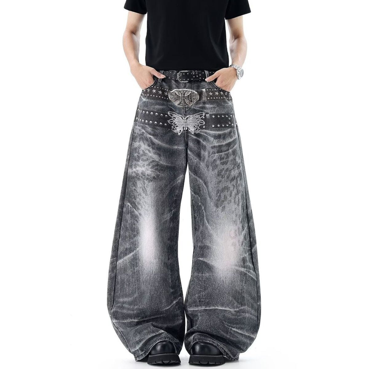 Butterfly Stud Barrel Leg Denim Jeans