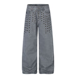 Vintage Washed Eyelet Wide Leg Denim Jeans