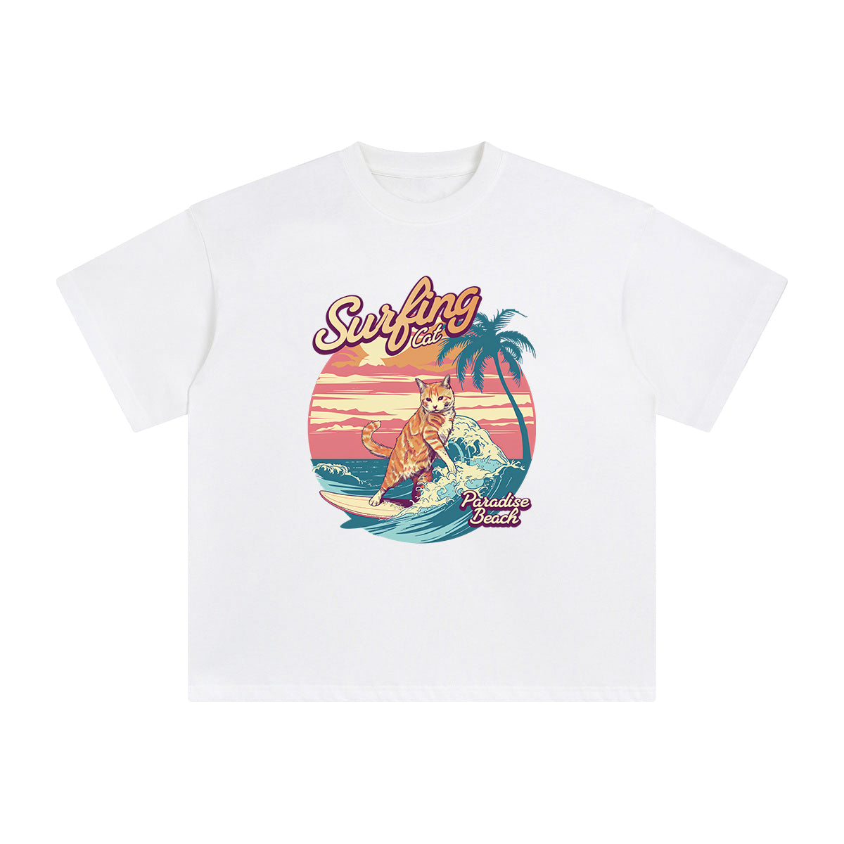 Surfing Cat Paradise Beach Graphic Tee-INNBLAC Fashion Apparel
