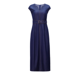 Cap-Sleeve Belted Denim Maxi Dress