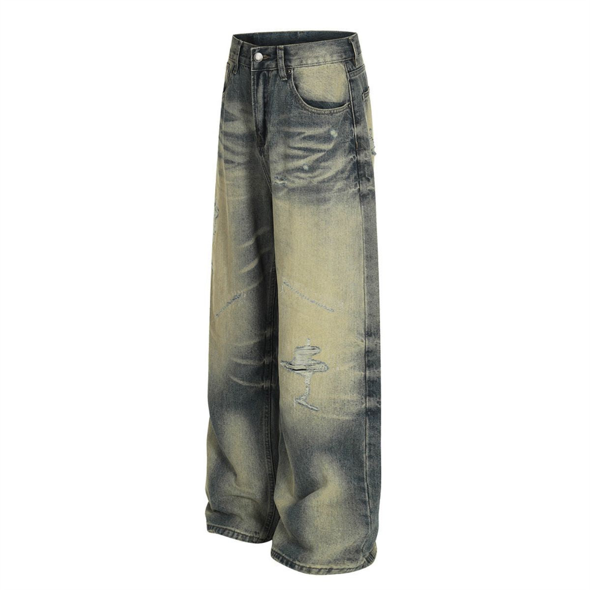 Men's Washed Distressed Denim Loose Vintage Street Pants Mud Dye Holes
