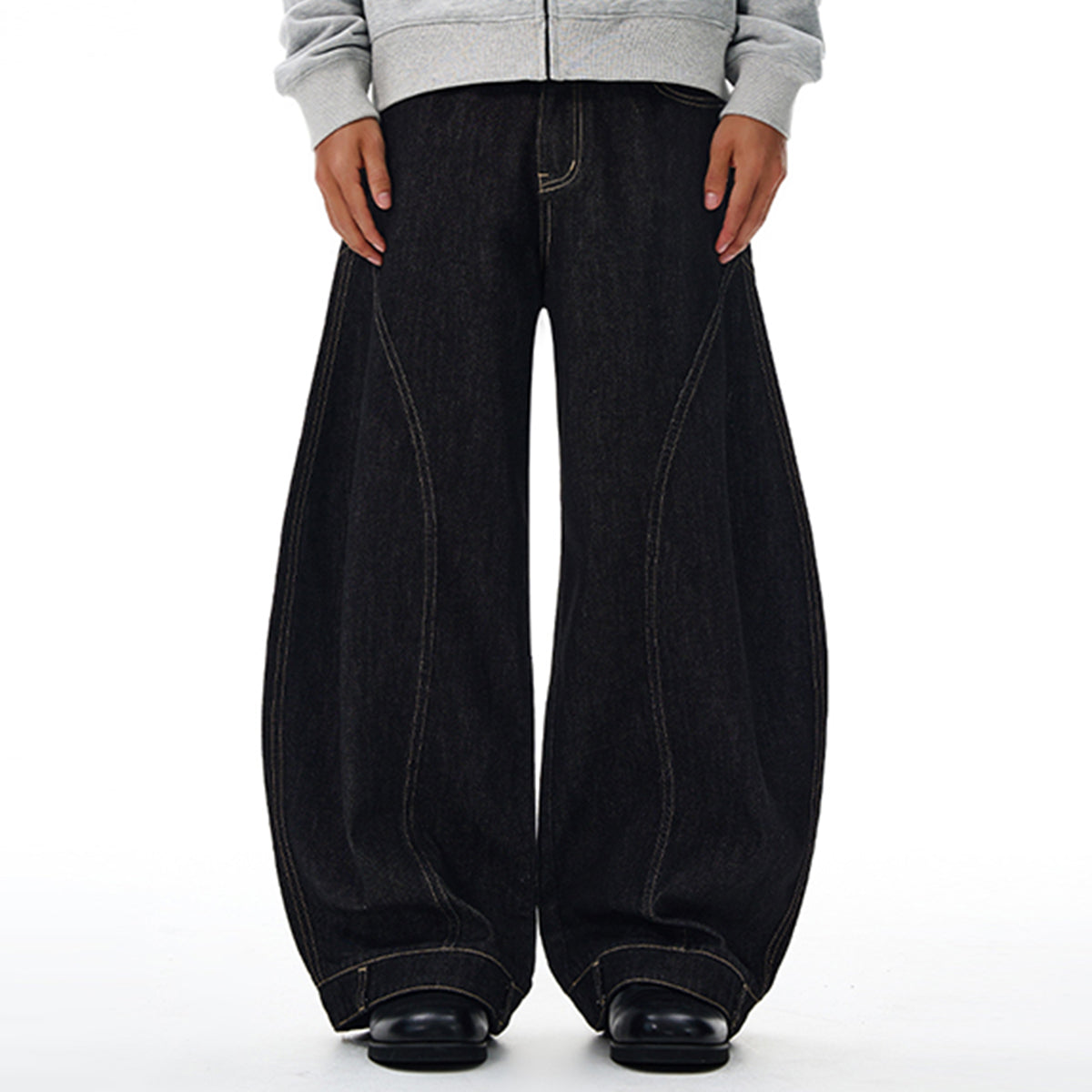 Curved Seam Wide Leg Denim Trousers Dark Indigo Wash