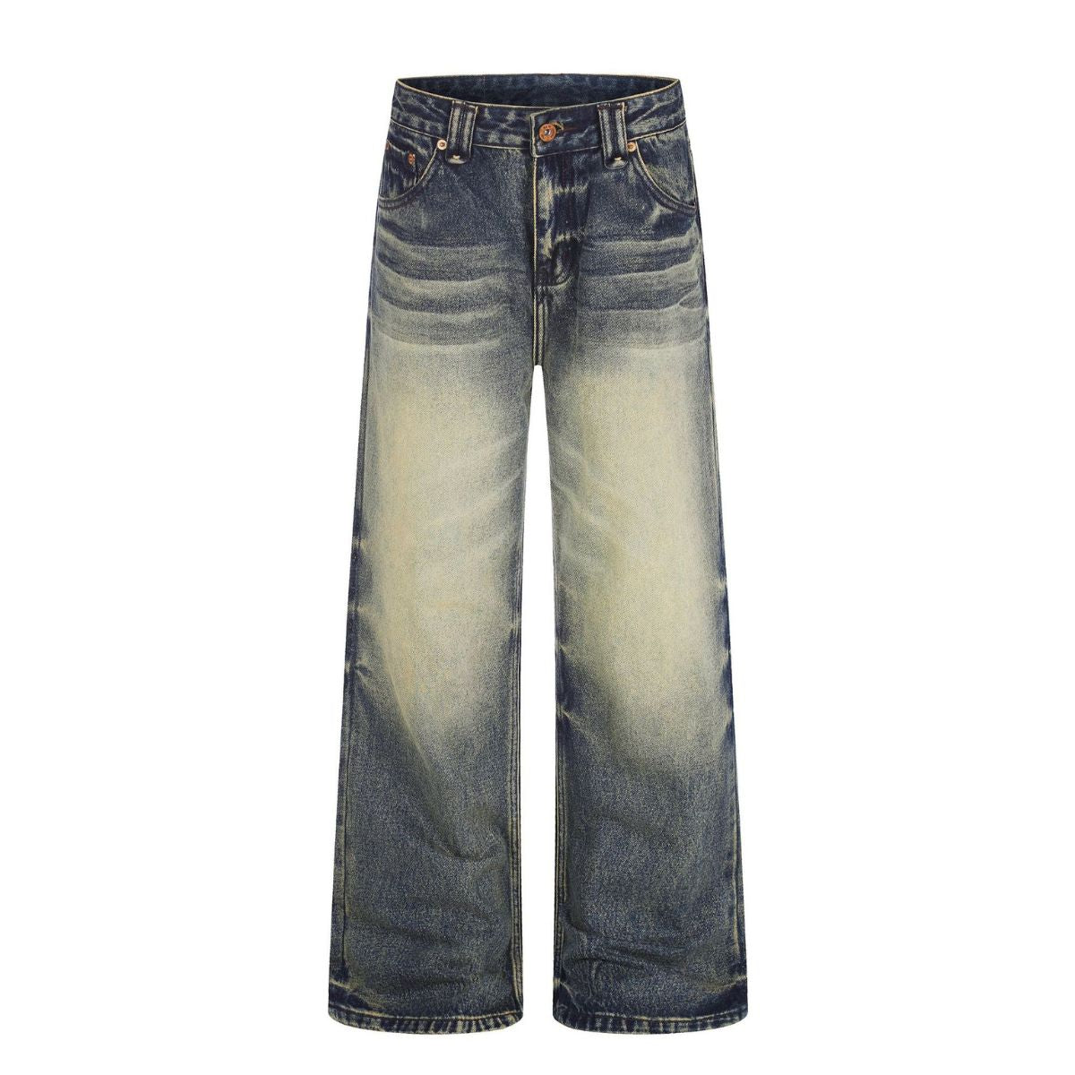 Vintage Washed Whiskering Relaxed Straight Leg Denim Jeans