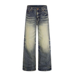 Vintage Washed Whiskering Relaxed Straight Leg Denim Jeans