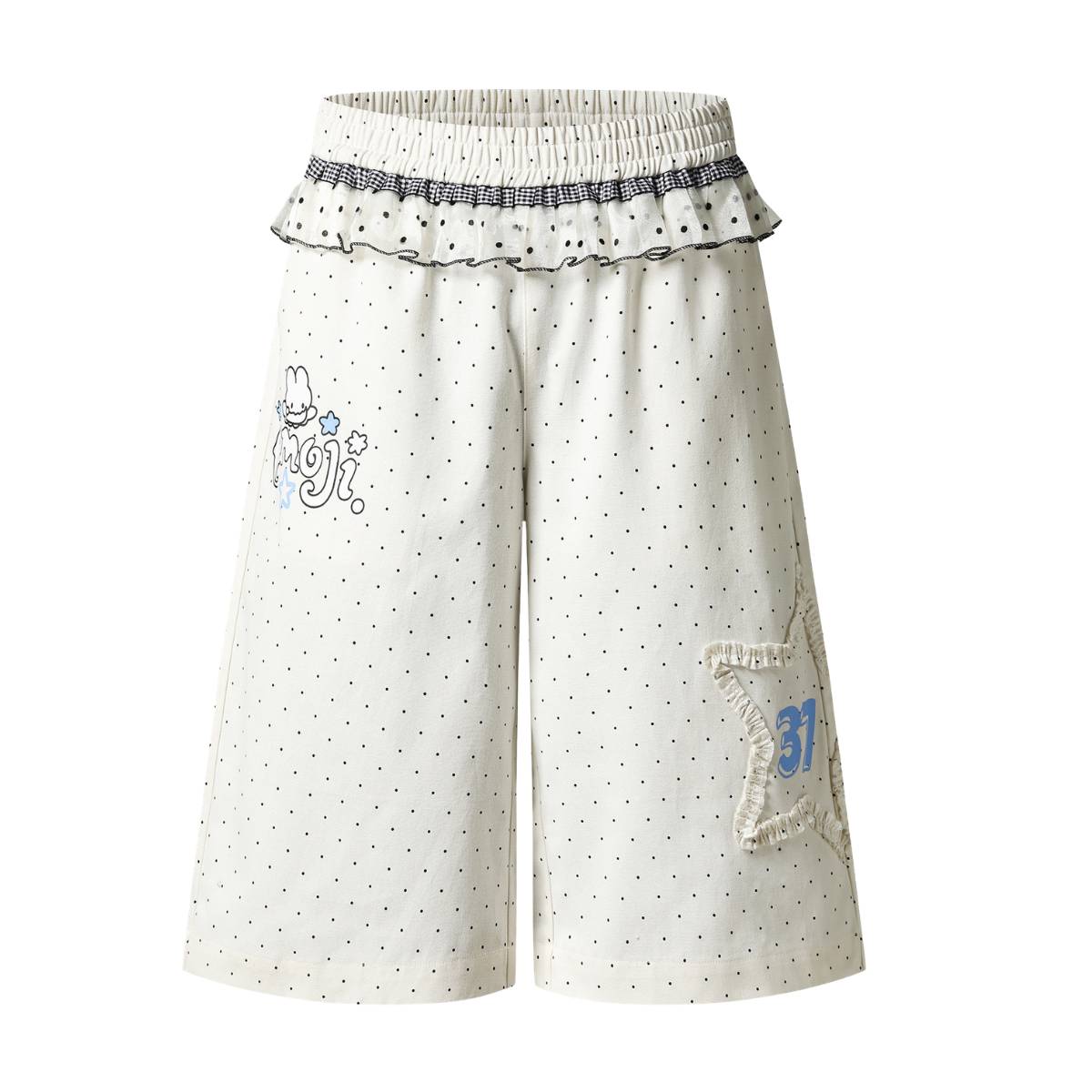Y2K Polka Dot Graphic Ruffle Waist Baggy Wide-Leg Bermuda Denim Shorts