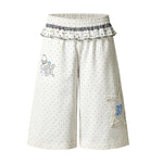 Y2K Polka Dot Graphic Ruffle Waist Baggy Wide-Leg Bermuda Denim Shorts