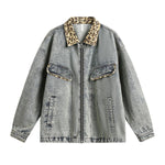 Vintage Streetwear Leopard Print Patchwork Washed Denim Jacket