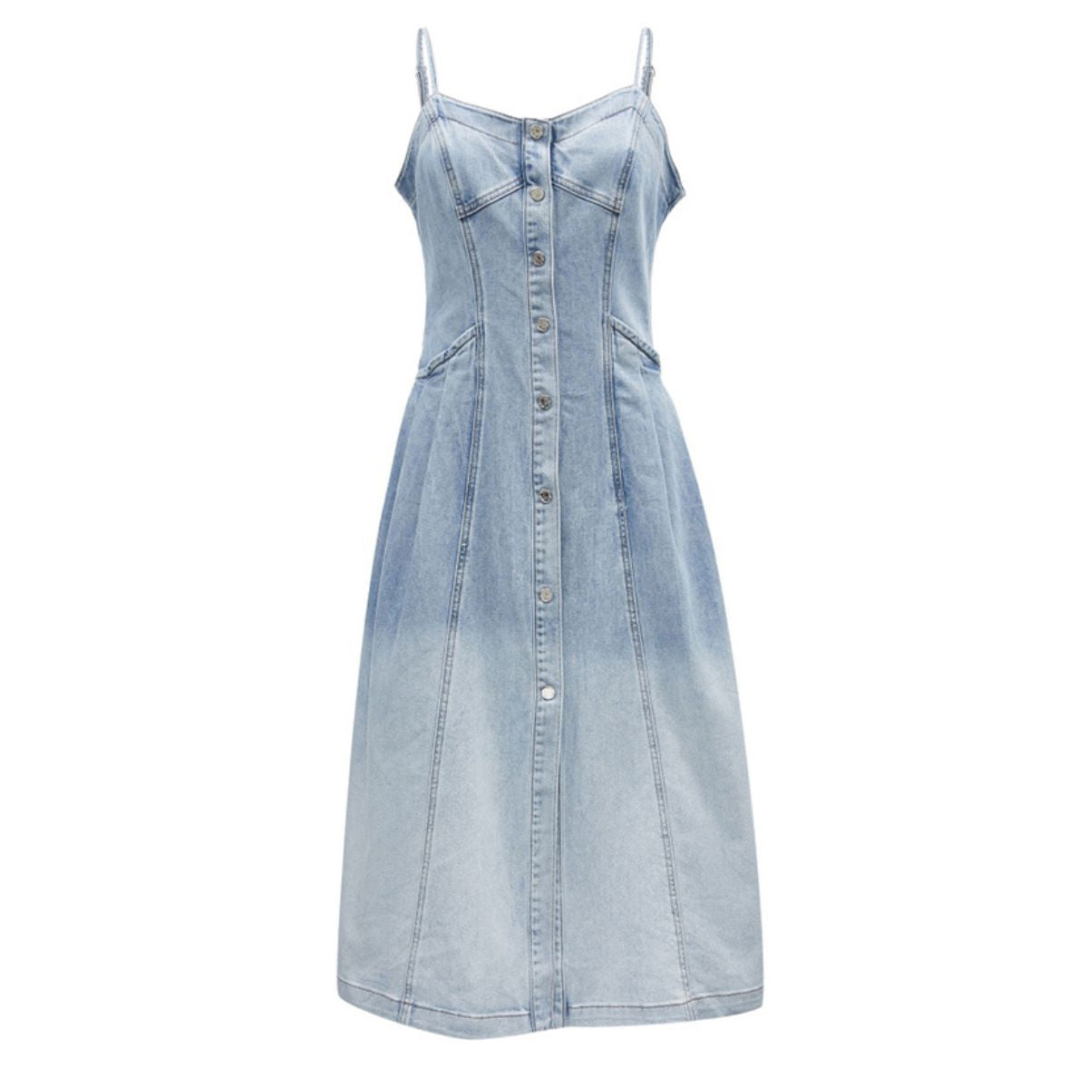 Button-Front Spaghetti Straps Denim Midi Dress