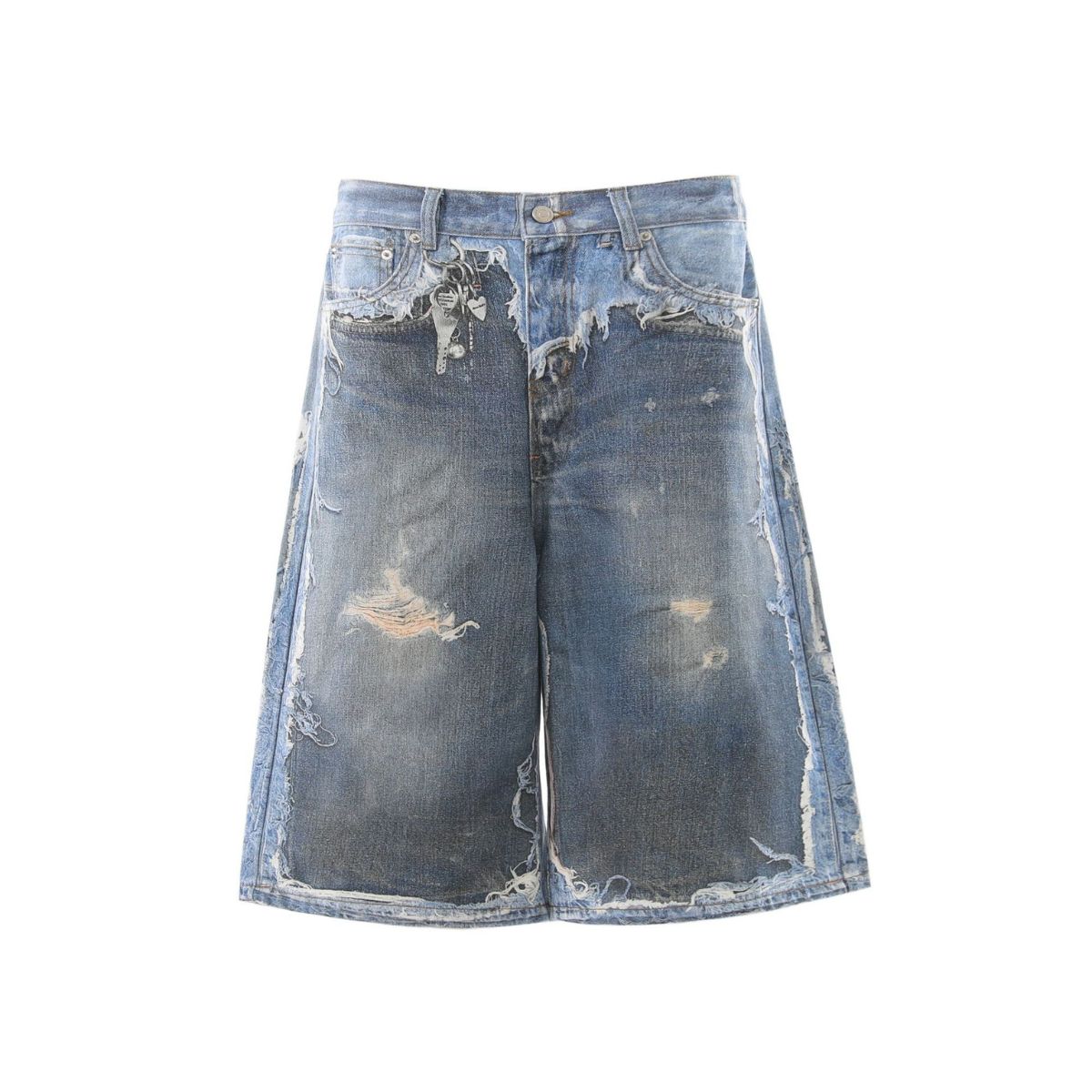 Vintage Washed Distressed Denim Bermuda Shorts with Frayed Panels