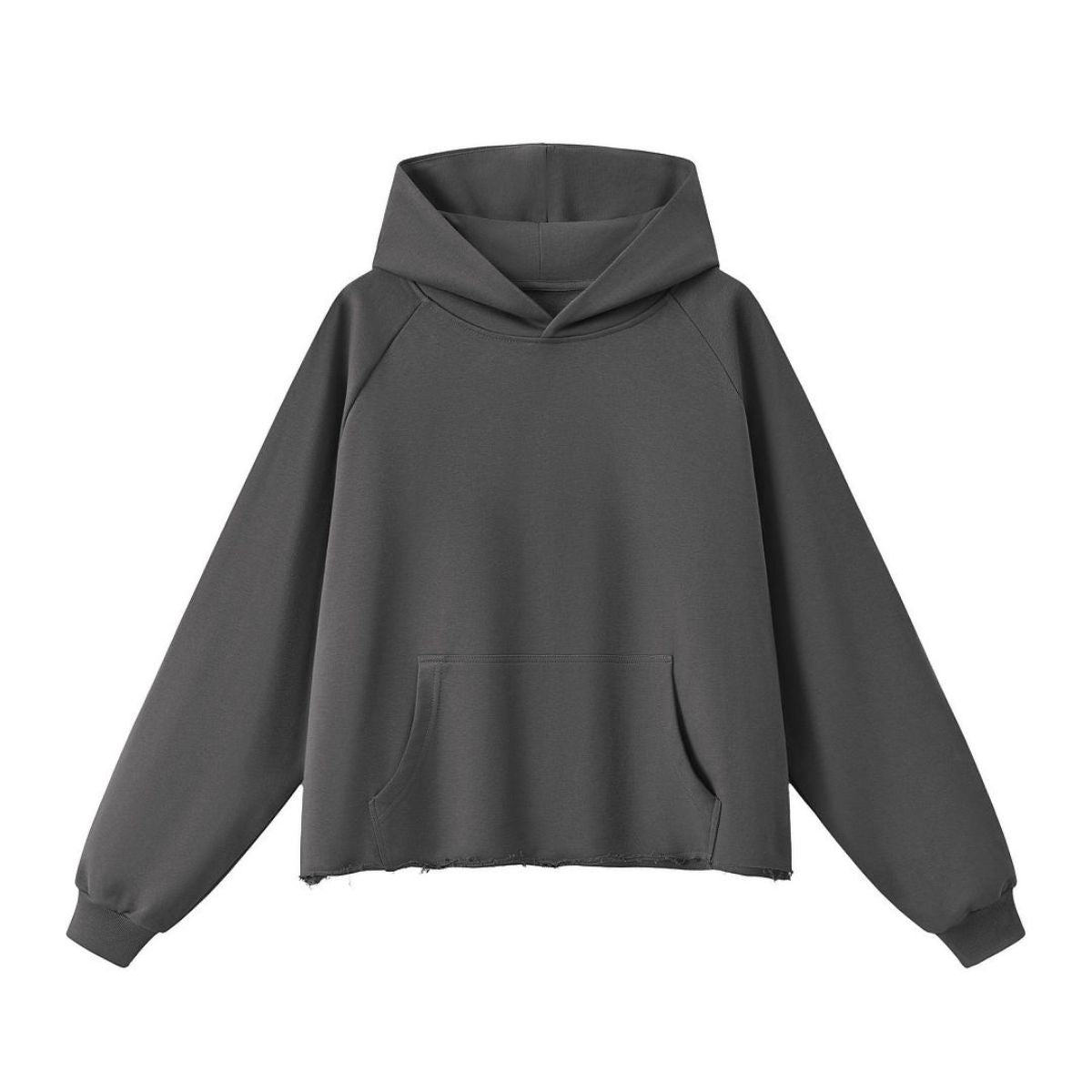 Boxy Raw‑Edge Distressed Hem Drop‑Shoulder Hoodie