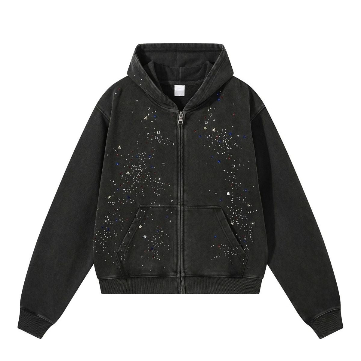 Snow Wash Sparkling Rhinestone Frayed Distressed Zip-Up Hoodie