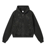 Snow Wash Sparkling Rhinestone Frayed Distressed Zip-Up Hoodie