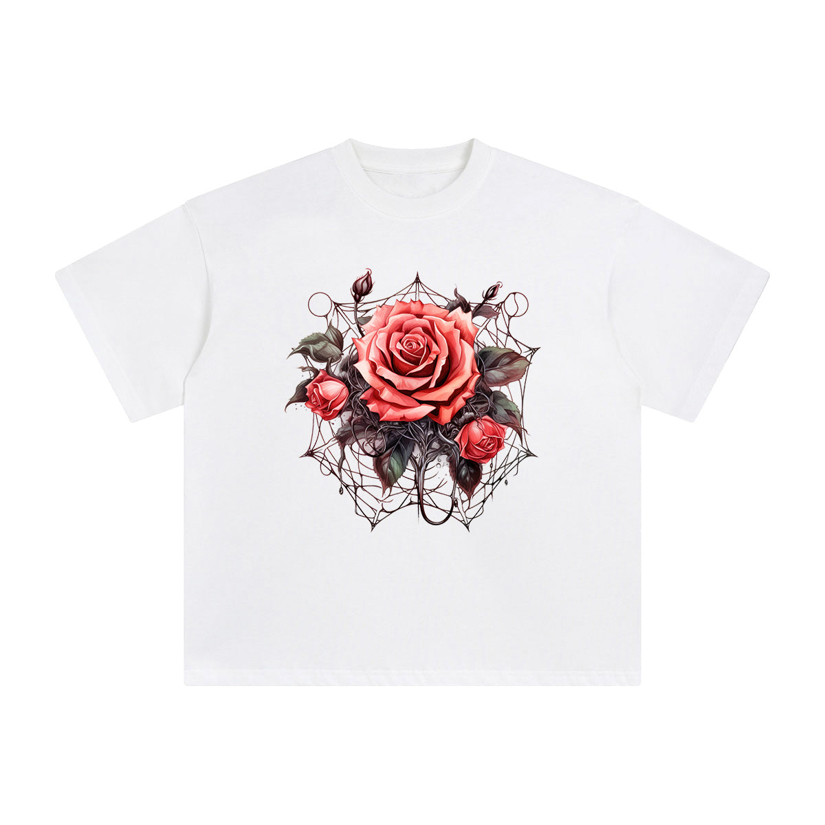 Gothic Spiderweb & Red Roses Graphic Tee-INNBLAC Fashion Apparel