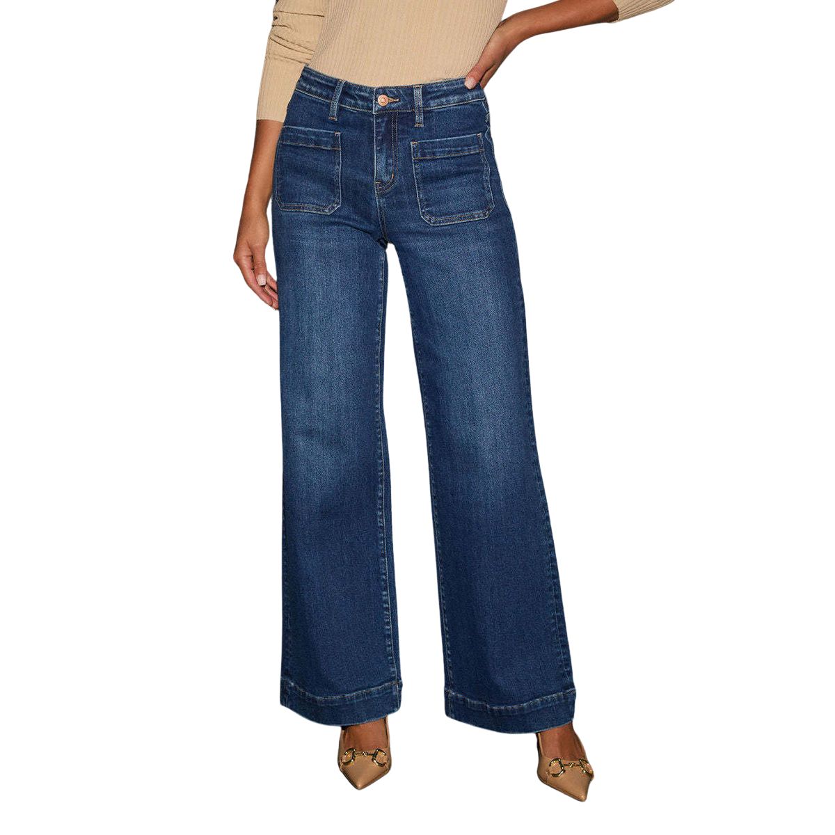 Women's Solid Color Pocket High Rise Straight Leg Jeans