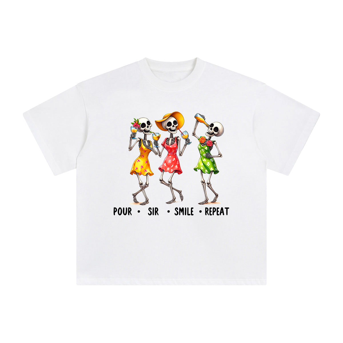 Skeleton Women Drinking Juice Graphic Tee-INNBLAC Fashion Apparel