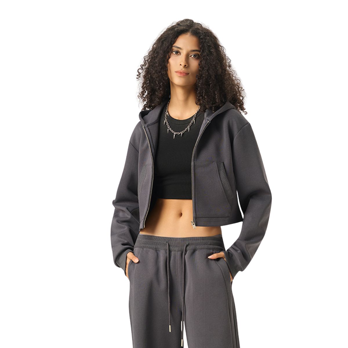 Women's Solid Zip-Front Cropped Hoodie