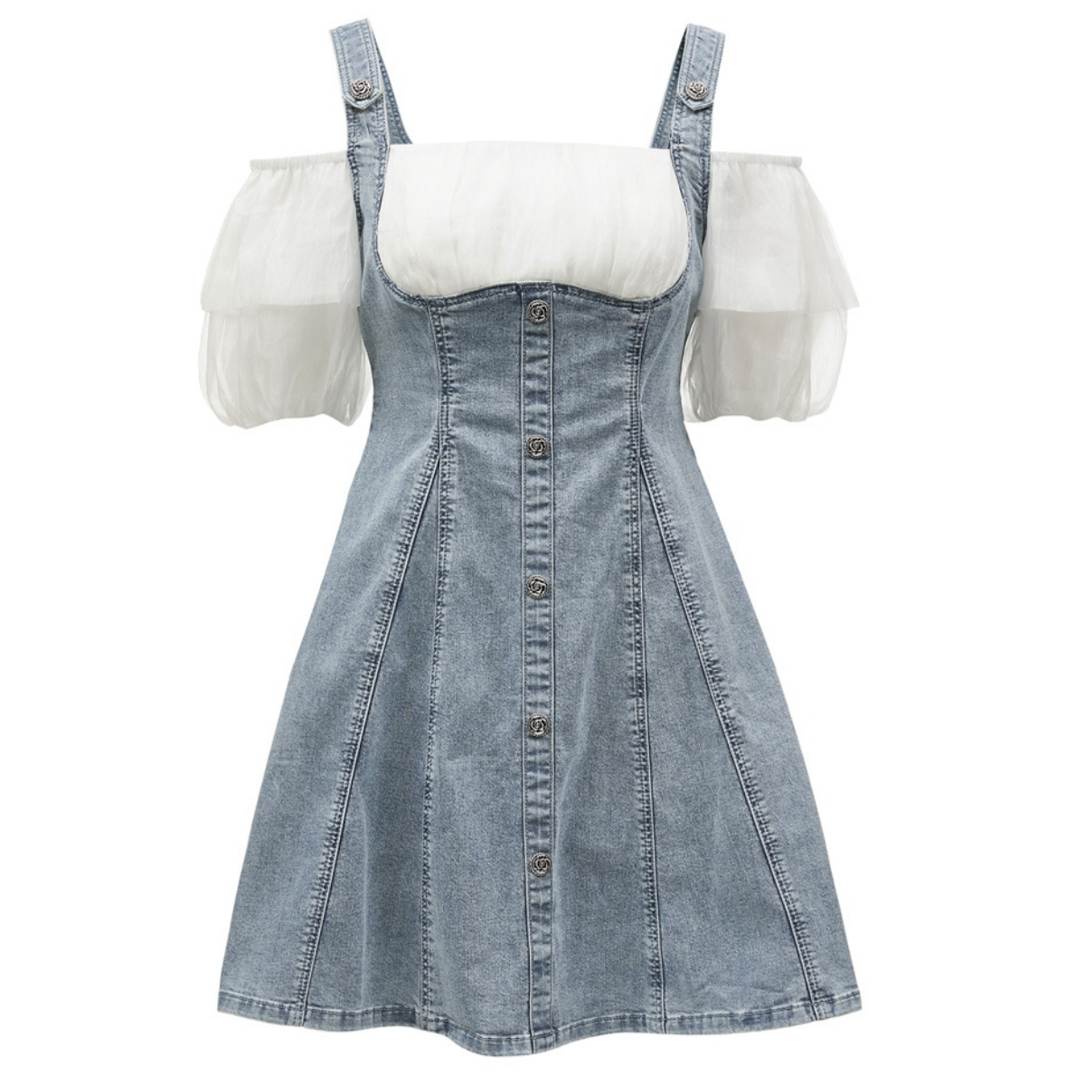 Puff Sleeves Button Front Denim Mini Dress