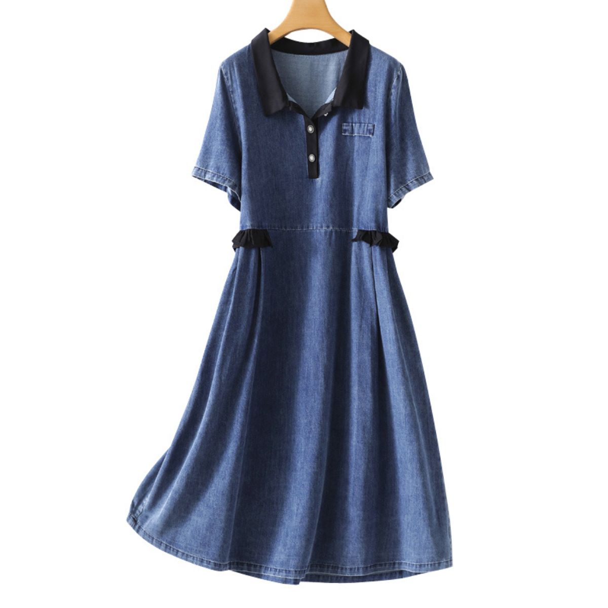 Vestido camisero vaquero de manga corta con patchwork