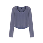 Women's Cotton Snow Wash U Neck Long Sleeve Cropped T-Shirt