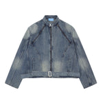 Men's American Zipper Design Washed Distressed Denim Jacket