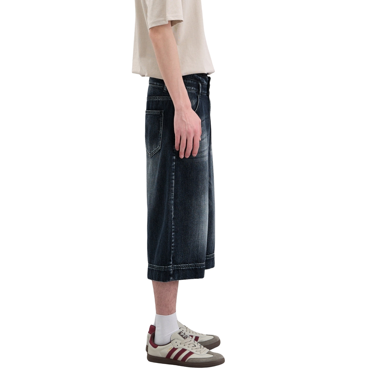 Double-Button Whiskered Wide-Leg Denim Shorts