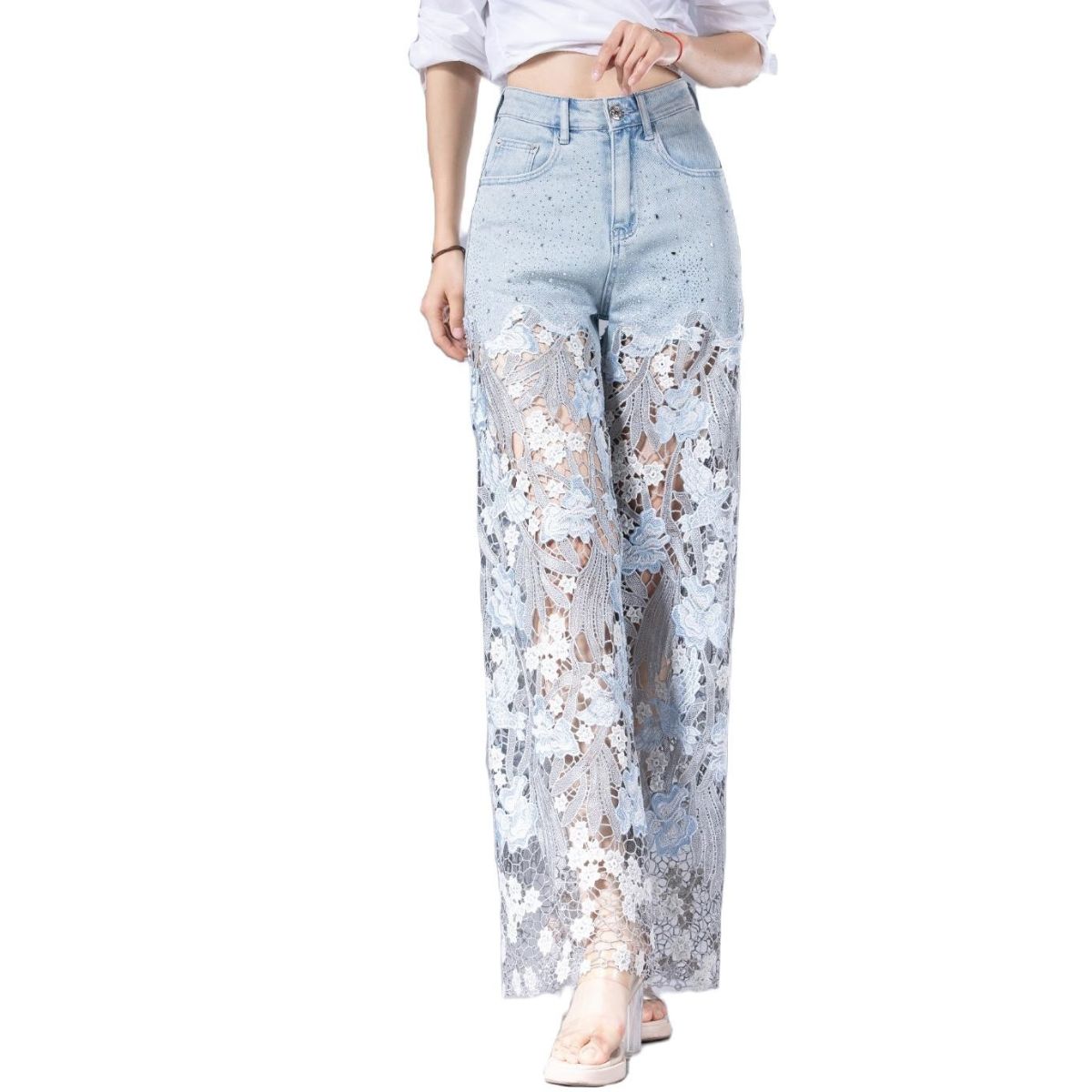 Risen Jeans Rhinestones & Sequins Cut-Out Wide-Leg Jeans
