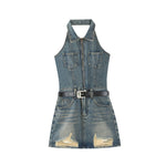 Falda vaquera con bordado de perlas y lavado vintage