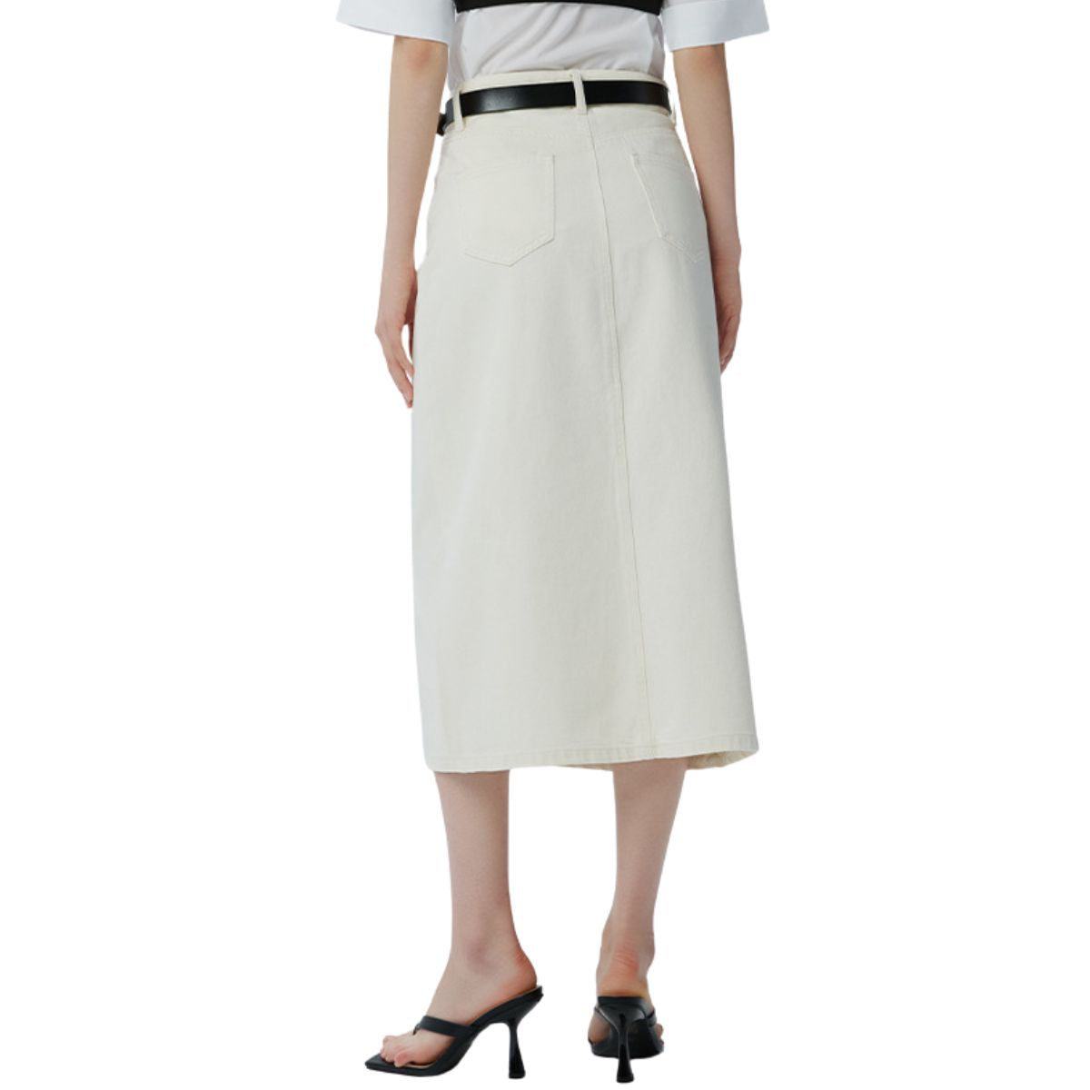 White High-Rise Denim Midi Skirt