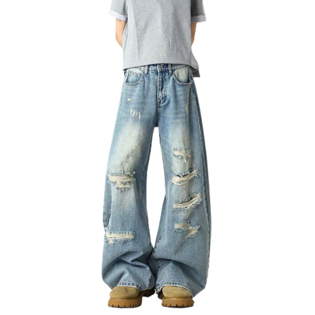 Heavy Distressed Curved Wide Leg Denim Jeans