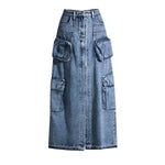 Raw Hem Cargo Denim Midi Skirt