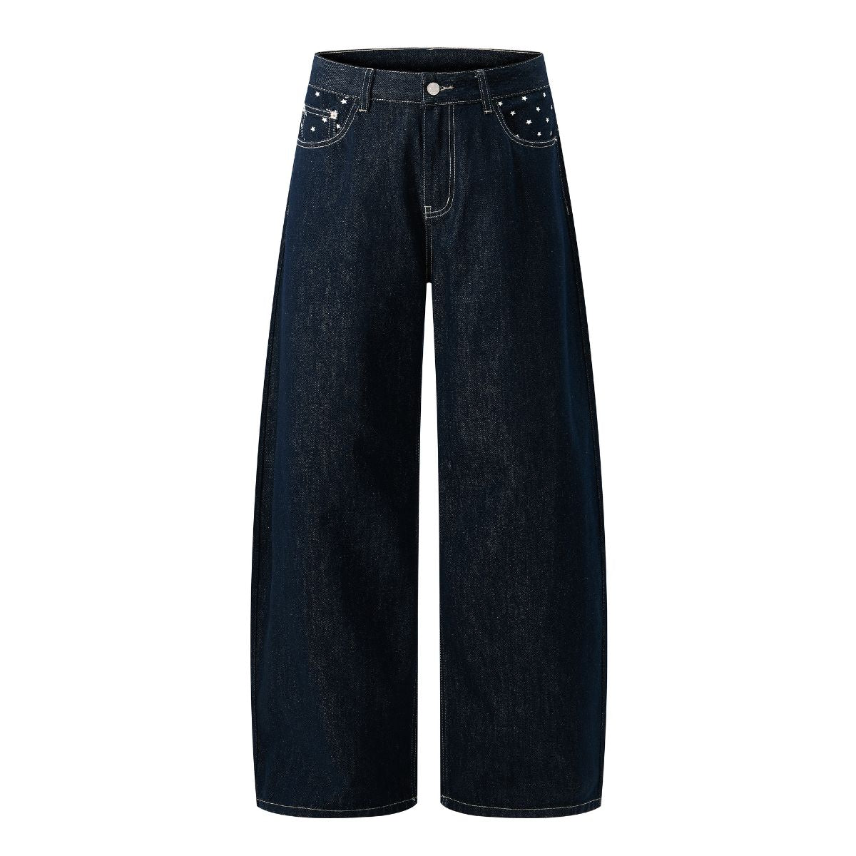 Star‑Print Curved Blade Raw Denim Jeans