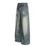 Men's Washed Distressed Denim Pants Loose Wide Leg Pleated Fade