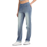 High Waisted Tummy Control Rolled Hem Straight Leg Washed Casual Jeans