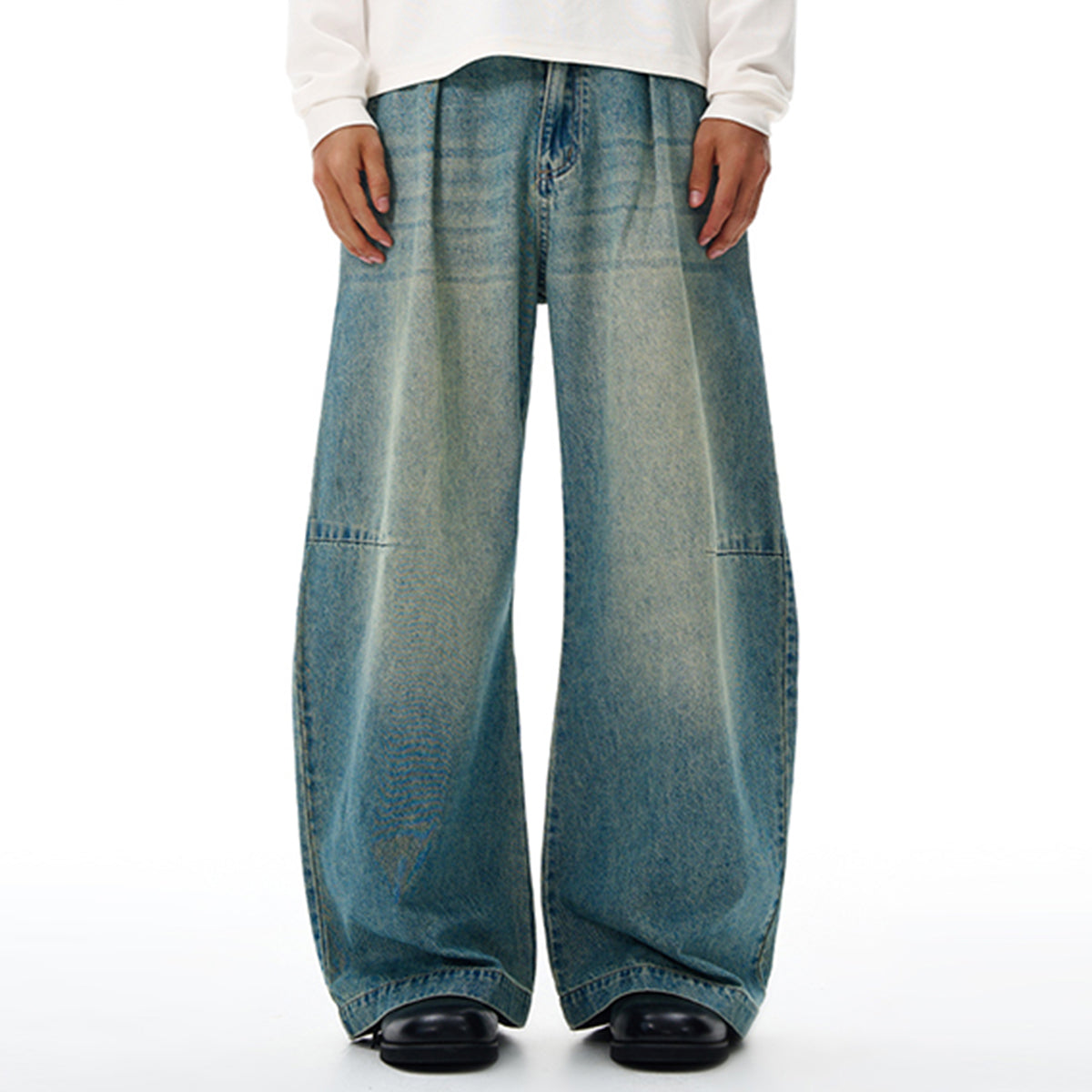 Vintage Washed Wide Leg Pleated Relaxed Jeans