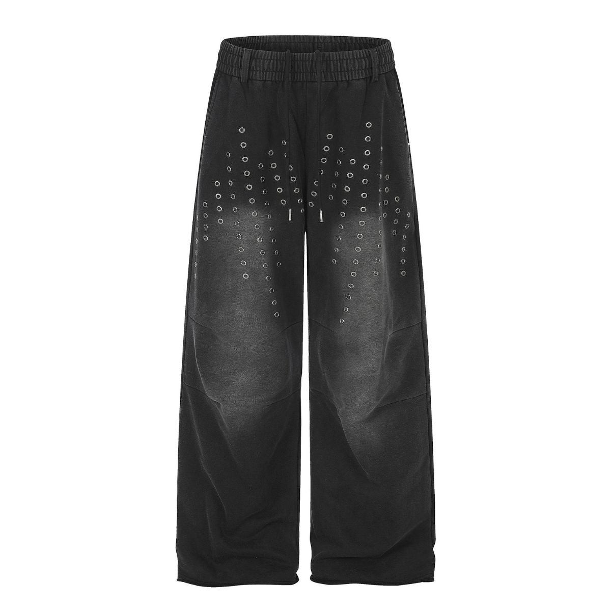 Vintage Washed Distressed Eyelet‑Stud Relaxed Wide‑Leg Trousers