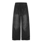 Vintage Washed Distressed Eyelet‑Stud Relaxed Wide‑Leg Trousers