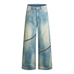 Retro Distressed Washed Baggy Patchwork Zip-Detail Relaxed Straight Fit Denim Jeans