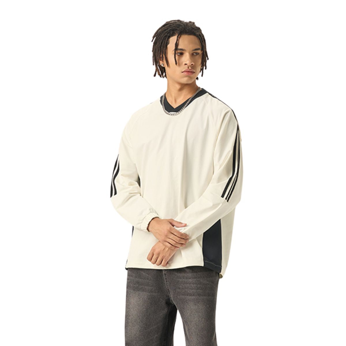 Contrast Stripes Two-Tone V-Neck Sweatshirt