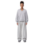 Boxy Short‑Wide V‑Neck Sweatshirt With Gathered Lantern Puff Sleeves