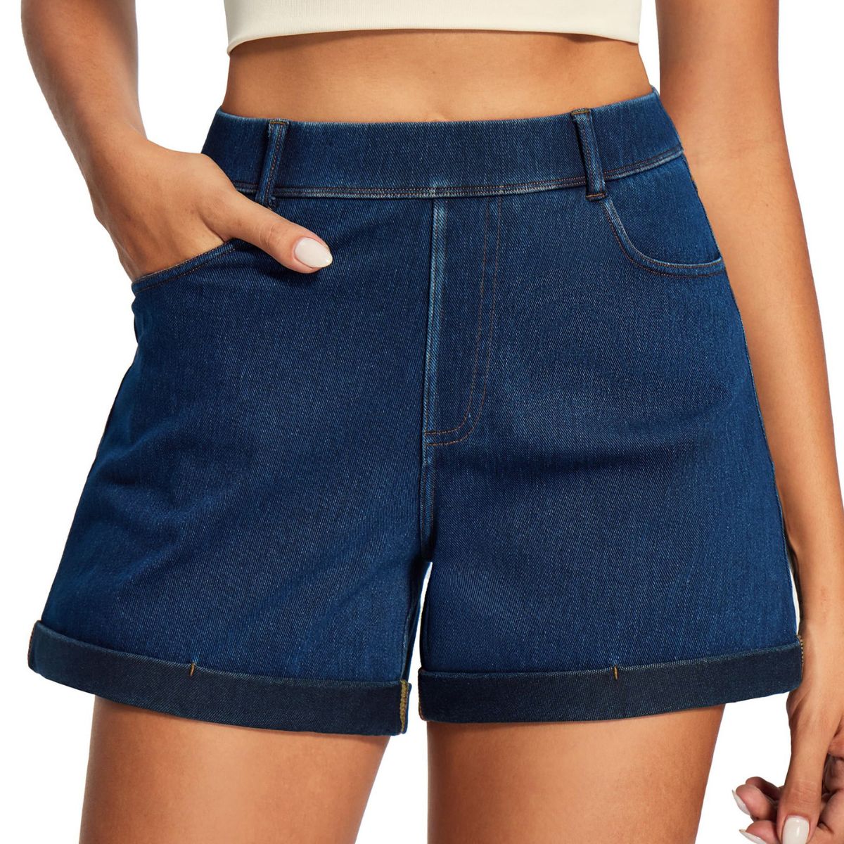 High‑Rise 3‑Inch Hot Pants Comfort Knit 4‑Way Stretch Women's Denim Shorts