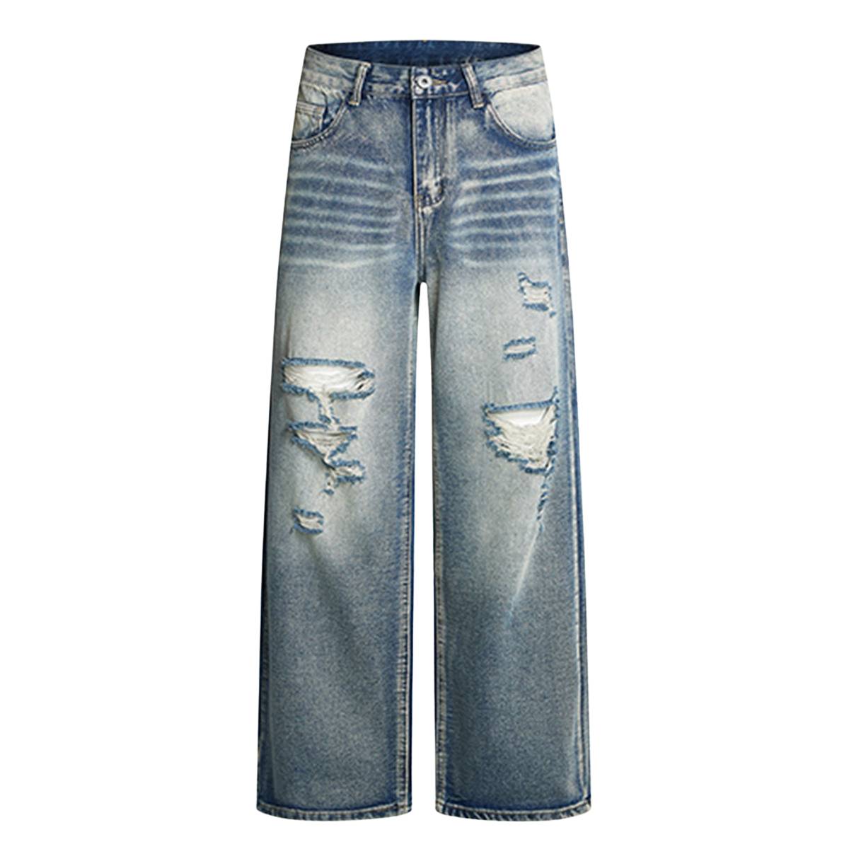 Retro Bleached Ripped Loose Fit Wide Leg Jeans
