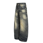 Men's Washed Faded Wide Leg Curved Denim Pants Distressed Punk