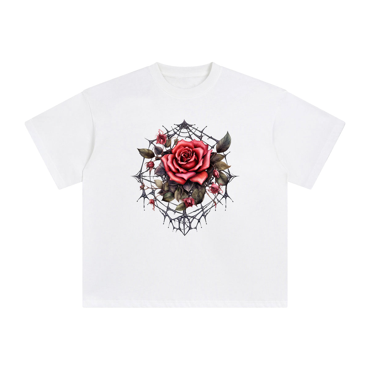 Gothic Spiderweb & Red Rose Graphic Tee-INNBLAC Fashion Apparel