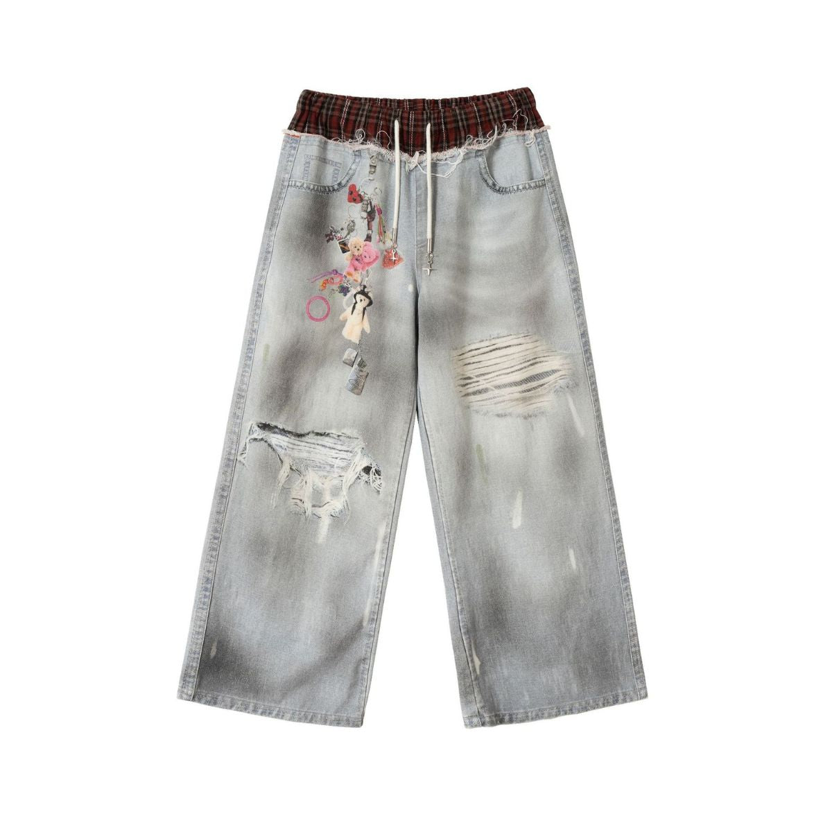 Smoke Rise Double Waistband Doll Print Ripped Jeans